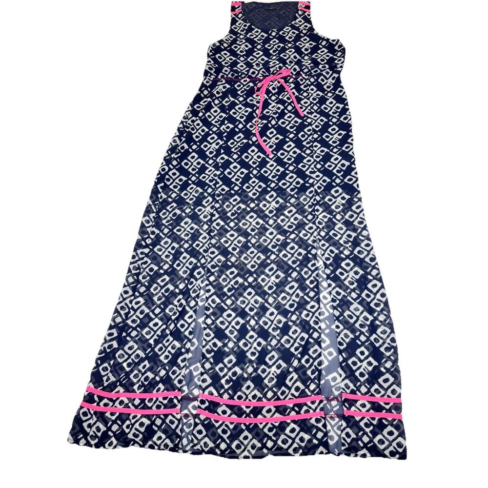 THML Dress Women's Sz S Navy White Hot Pink Tribal Print Maxi Sleeveless - Picture 3 of 11